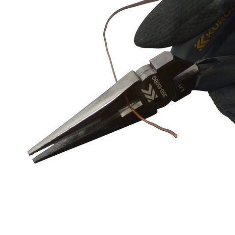 Radio Pliers With Cross Knurling Shaft Black Gold Finish cutting copper wire, hand sharpened for precision, used by electricians