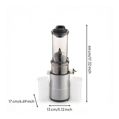 Amagogo Vertical Cold Press Juicer, Masticating Extractor With Extra Wide 80 mm Feed Chute For Whole Fruit Processing, silver gray, dimensions shown.