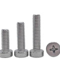 Top Notch 304 Stainless Steel Cheese Head Machine Screws With Phillips Drive In Metric Sizes M2.5 Through M6 Including M3x8mm Pack Of 100 displayed in three sizes.