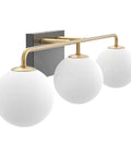 Three Light Mid Century Vintage Bathroom Vanity Light Fixtures Over Mirror Black and Gold Industrial Vanity Lights With Milk White Glass Globe For Farmhouse Bath Lighting