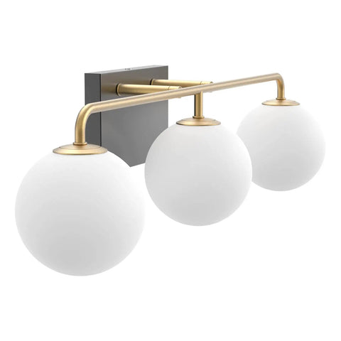 Three Light Mid Century Vintage Bathroom Vanity Light Fixtures Over Mirror Black and Gold Industrial Vanity Lights With Milk White Glass Globe For Farmhouse Bath Lighting