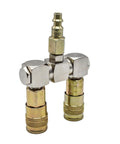 Double Swivel Air Manifold With Two Quarter Inch Steel Industrial Couplers And One Quarter Inch Steel Plug Kit Preassembled