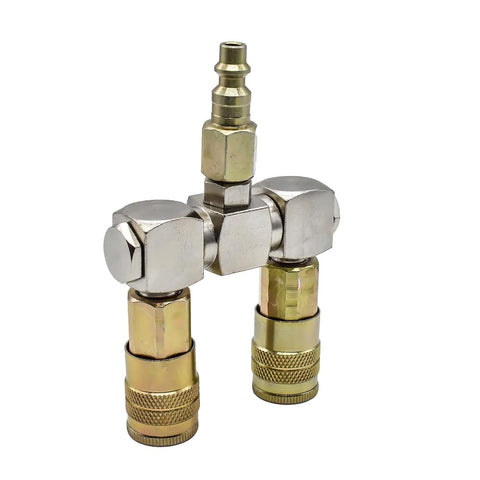 Double Swivel Air Manifold With Two Quarter Inch Steel Industrial Couplers And One Quarter Inch Steel Plug Kit Preassembled