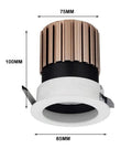 Slick 12W Recessed LED Downlight Boasting Deep Anti Glare Lens 75mm Cutout, showing dimensions and solid aluminum build.