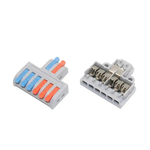 Premium Tool Free Push In Wire Splitter Kit Solid Stranded Copper Quick Home Electrical Wiring Led Lights Zero Fuss No Tools Crimpers Safe Diy Work Includes 10 Pack 12 28 Awg Flame Retardant Pa66 Housing Perfect For Everyday Use. gray 3-port wire splitter connector, front and open views