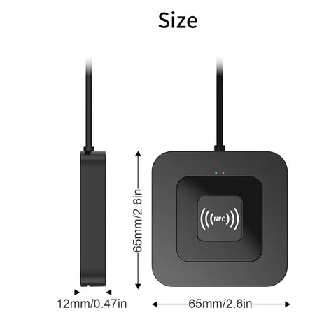 NFC Dual Interface Smart Card Reader For CAC And DOD IDs Tap Read Contactless Cards With USB C Adapter showing dimensions 65x65x12mm