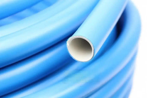 Premium 1/2 Inch X 50 Foot Compressed Air Tubing Designed For Garages, blue hose showing inner wall detail for reduced friction.