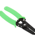 Portable Wire Stripper Pliers With Soft Grips, green handles, steel body for stripping copper jacketing, ideal for electricians.