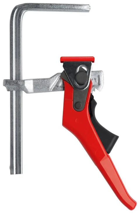 All Steel Ratcheting Table Clamp With Six And Five Sixteenth Inch Capacity And Two And Five Sixteenth Inch Throat Depth 540 Lb Clamping Force Red And Silver Finish.