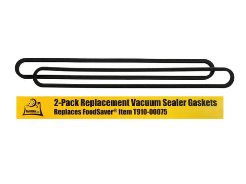 Front view: two black foam vacuum sealer gaskets, 2-pack, OutOfAir for FoodSaver T910-00075