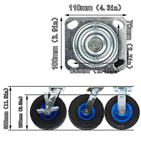 Heavy Duty Swivel Casters Pack Of 2 With Secure Brakes And Mounting Plates showing dimensions and steel mounting plate design.