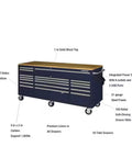 Badass 72 Inch Wide Mobile Workbench Tool Chest With Solid Wood Top Integrated Power Strip And 18 Hella Spacious Drawers For Rock Solid Gloss Blue Garage Storage, features casters and drawers.