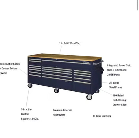 Badass 72 Inch Wide Mobile Workbench Tool Chest With Solid Wood Top Integrated Power Strip And 18 Hella Spacious Drawers For Rock Solid Gloss Blue Garage Storage, features casters and drawers.