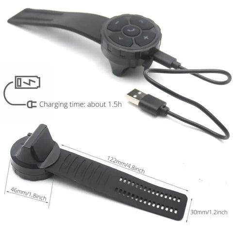 Wireless Media Button Remote Control Kit for Phone with IP67 Waterproof USB charging cable and strap shown