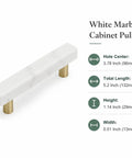 Straight Up Premium White Marble Cabinet Pulls With Slick Gold Aluminum Drawer Handles 3.78 Inch, 5.2 Inch long, close-up view.
