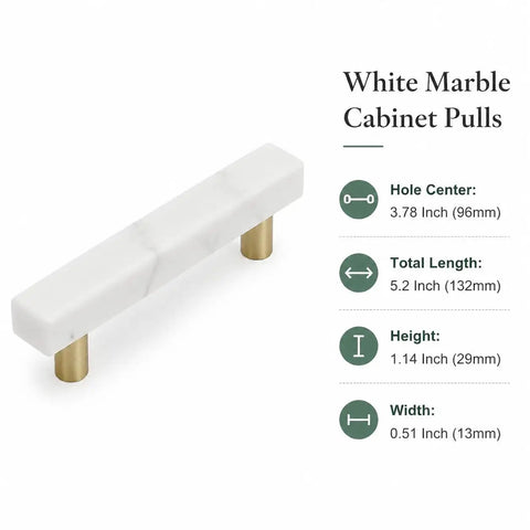 Straight Up Premium White Marble Cabinet Pulls With Slick Gold Aluminum Drawer Handles 3.78 Inch, 5.2 Inch long, close-up view.