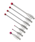Set of stainless steel CMM touch probe stylus tips with threaded shanks and red ball ends, varying sizes.