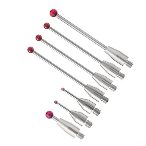 Set of stainless steel CMM touch probe stylus tips with threaded shanks and red ball ends, varying sizes.