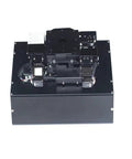 Motorized Rotation Stage With Linear Translation And Multi Axis Precision Alignment Featuring A 120mm Worm Drive, top view showing solid black steel frame.