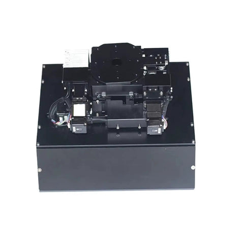 Motorized Rotation Stage With Linear Translation And Multi Axis Precision Alignment Featuring A 120mm Worm Drive, top view showing solid black steel frame.