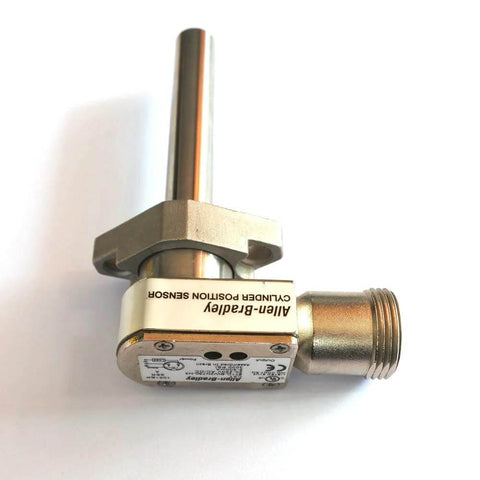 Side view of Allen-Bradley proximity switch for waterjet pump SL4/SL5; metal housing and threaded port