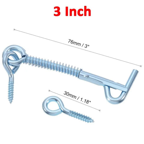 Tank Tough Zinc Plated Hook And Eye Latch With Snap Shut Spring Lock For Secure Shed Gate And Cabinet Doors Weather Resistant Steel Safety Catch 4 Pack, 3 inch latch with spring mechanism.