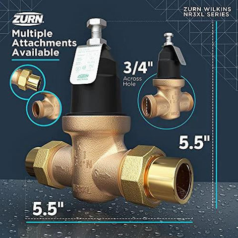 Zurn Wilkins NR3XL 3/4-inch water pressure reducing valve with by-pass, check valve, and strainer; two units shown