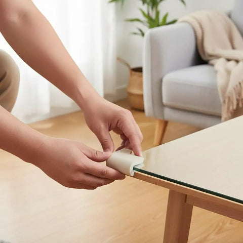 Person applying Super Slick U Shaped Baby Proofing Corner Guards For Glass Tables And Thin Furniture on a glass table edge.