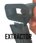 Close-up of TM22 22LR Magazine Speed Loader Quickie Loader with built-in bullet extractor, ergonomic biopolymer design, black.