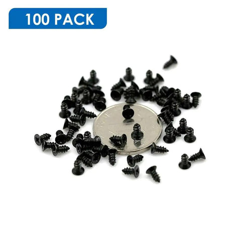 Sweet Little Flathead Phillips Wood Screws With Antiqued Black Finish For No Sweat Assembly On Lumber Garden Gear And Diy Crafts Comes Ready With One Hundred Pieces, scattered around a quarter.
