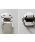 Close-up view of Straight Up Tough Spring Loaded Toggle Hasps 10 Pack Secure Latch Clasps for toolboxes, showing silver metal spring latch mechanism.
