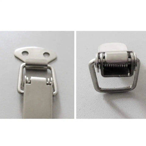 Close-up view of Straight Up Tough Spring Loaded Toggle Hasps 10 Pack Secure Latch Clasps for toolboxes, showing silver metal spring latch mechanism.