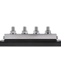Beefy 600Amp 4 Post Power And Ground Distribution Busbar With Nickel Plated Copper Terminals 3/8 Inch Studs 14Mm Locknuts Rock Solid Car Audio Wiring Harness Setup Made In Usa Black side view showcasing studs and black base.