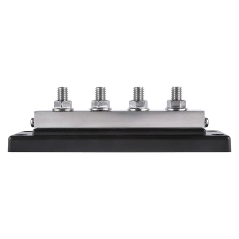 Beefy 600Amp 4 Post Power And Ground Distribution Busbar With Nickel Plated Copper Terminals 3/8 Inch Studs 14Mm Locknuts Rock Solid Car Audio Wiring Harness Setup Made In Usa Black side view showcasing studs and black base.