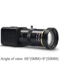 SDI Camera 2MP 1080P HD Security Camera with 5-50mm Varifocal Lens, CMOS Sensor, side view, angle of view details.