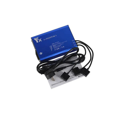 Blue aluminum 4 In 1 Parallel Power Hub for Phantom 3 Drone Battery Charger, US plug and cables visible