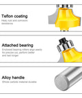 Pro Grade Four Piece Roundover Router Bit Set With One Quarter Inch Shank And C3 Carbide Cutters detail showing teflon coating and bearing