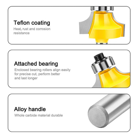 Pro Grade Four Piece Roundover Router Bit Set With One Quarter Inch Shank And C3 Carbide Cutters detail showing teflon coating and bearing