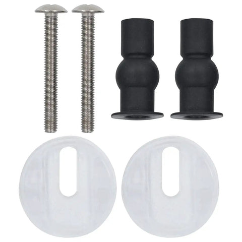 Premium Two Pack Mdf Toilet Seats Featuring Smooth Soft Close Lids And Rugged Zinc Alloy Hinges with metal fittings and accessories.