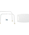 Disassembled Bath Safety Tub And Shower Seat With 16 Inch Height In White Non Slip Poly Seat With Drainage Slots, handles, and legs.