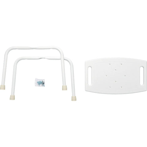 Disassembled Bath Safety Tub And Shower Seat With 16 Inch Height In White Non Slip Poly Seat With Drainage Slots, handles, and legs.