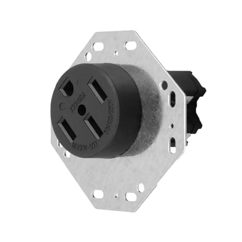 Hella Tough Octagon Electrical Outlet Four Prong Power Receptacle With Heavy Duty Steel Housing And Built In Overcurrent Shield For Rv Conversions And Campground Hookups, showing a black outlet with metal housing.
