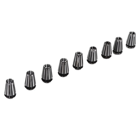 ER8 Collet Chuck Set 9 Piece for CNC Engraving Machines and Milling Lathes Pro Grade Tool Holder Kit arranged in a line
