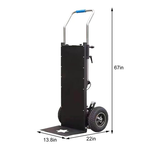 Heavy Duty Electric Stair Climbing Hand Truck With Telescoping Handle Built With Tough Carbon Steel For Moving Furniture Appliances And Gear Around The House Or Warehouse Smooth Ride, 67in tall, dimensions displayed.