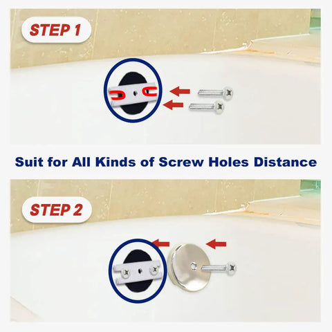 Top Shelf Single Hole Bathtub Overflow Drain Cover Plate With Brushed Nickel Finish installation steps showing screws and fittings.