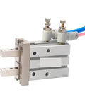 One Piece HFZ Series Parallel Pneumatic Claw Cylinder For Heavy Duty Industrial Jobs 32mm Bore Size with control valves and connectors.