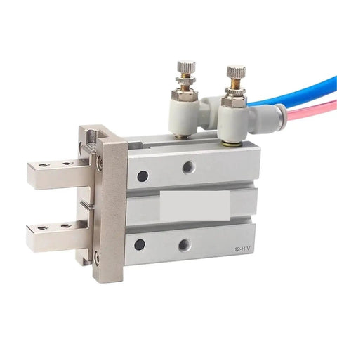 One Piece HFZ Series Parallel Pneumatic Claw Cylinder For Heavy Duty Industrial Jobs 32mm Bore Size with control valves and connectors.