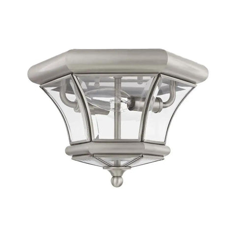 Monterey Two Light Outdoor Indoor Flush Mount In Polished Brass Finish Solid Brass Fixture With Clear Beveled Glass Classic Old School Vibe