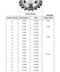 DSWMY 1 Piece 08B Drive Sprocket With 14 To 32 Teeth For Heavy Duty 45 Chain Transmission Gear Featuring 5-12mm Keyway And Solid Shaft with measurement chart.