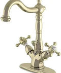 4 Inch Deck Mount Lavatory Faucet With Metal Cross Handle And Brass Pop Up, Solid Brass Construction, Polished Brass Finish